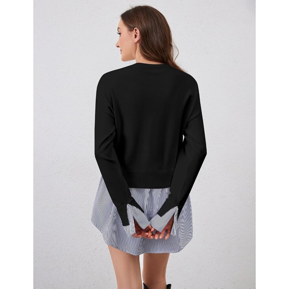 Womens Sweater Patchwork 2-in-1 Asymmetrical Hem Crew Neck Knit Top - Picture 3 of 5